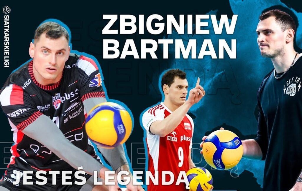 Zbigniew Bartman w akcji na boisku siatkarskim, wykonujący atak lub blok, w stroju reprezentacji Polski.